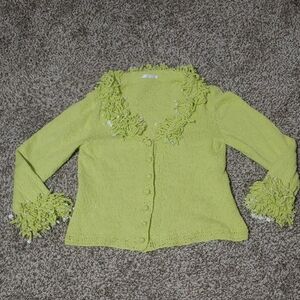 Y2K MiFresia Lime Green Cardigan Women's 2000s Fringe Sleeve Sweater Size S